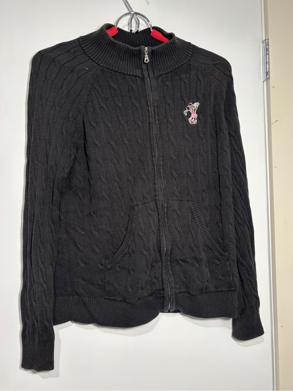 Black Cable-Knit Zip-Front Sweater with Bunny Patch